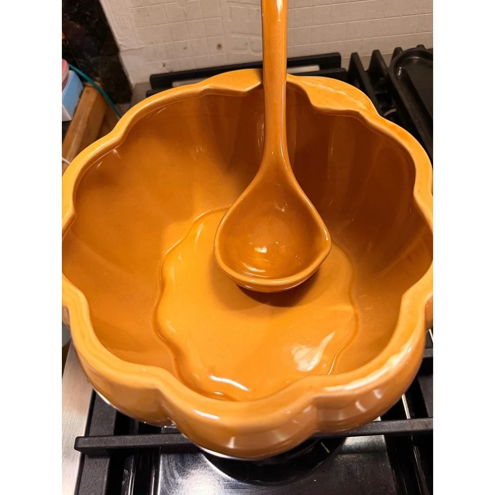 Pier 1 Harvest Gold Ceramic Pumpkin Soup Tureen with Lid and Ladle